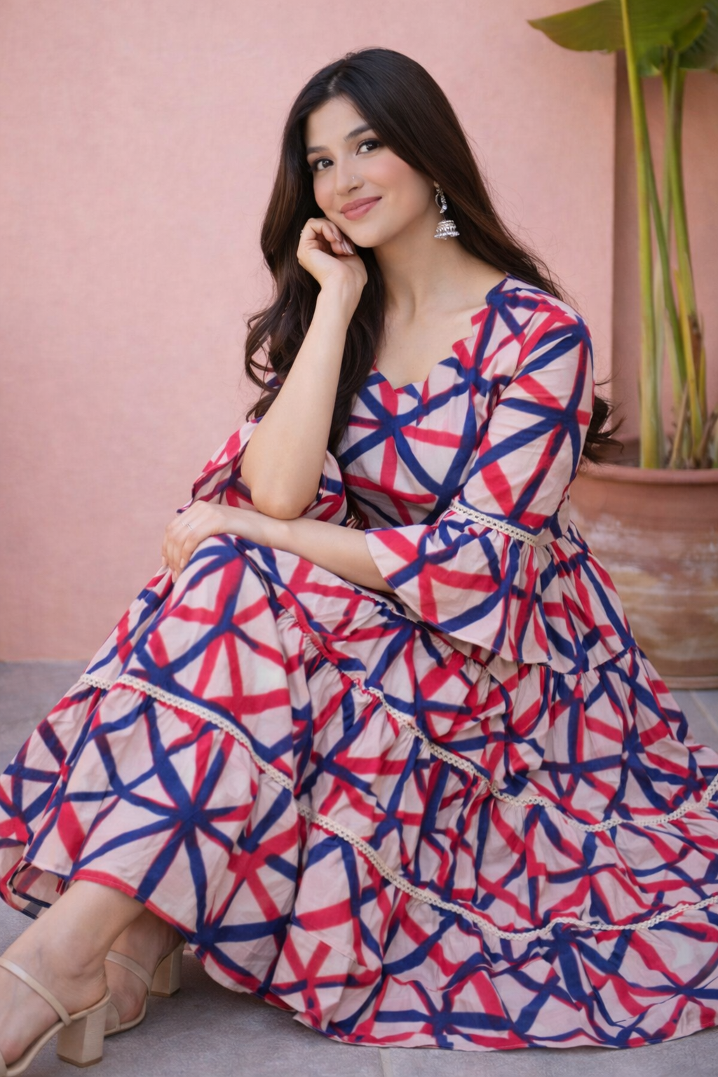 Elegant Geometric Print Tiered Midi Dress for Women