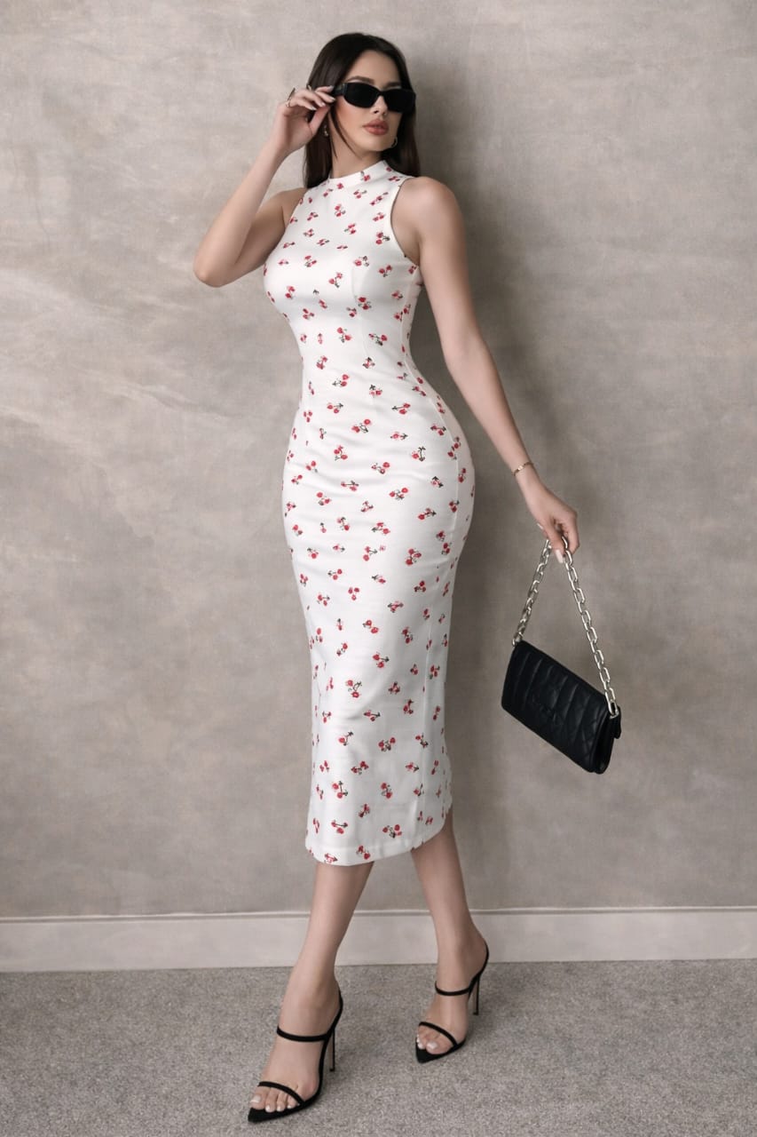 Cherry bloom sleeveless slim fit midi dress