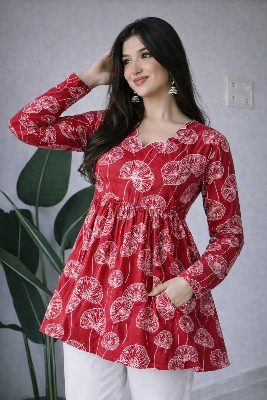 Women Red Floral Printed Cotton Tunic Top