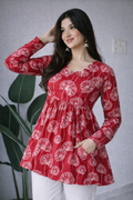 Women Red Floral Printed Cotton Tunic Top