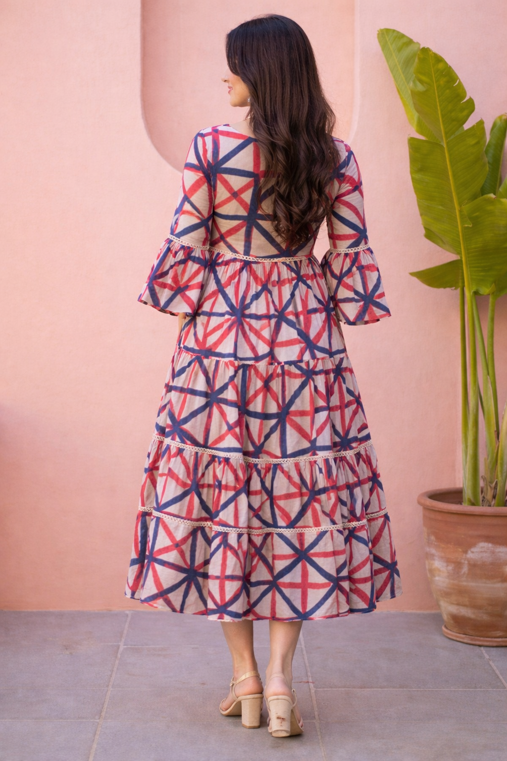 Elegant Geometric Print Tiered Midi Dress for Women