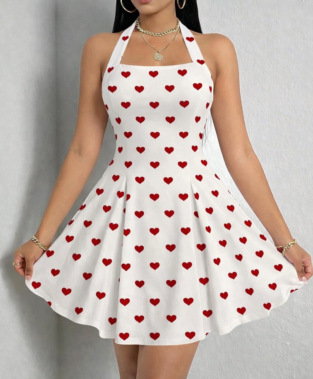 Heart Print Halter Neck Skater Dress