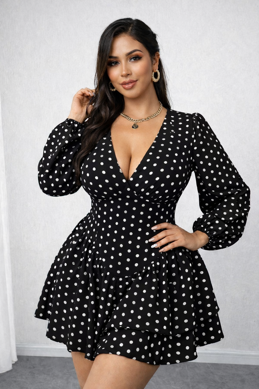 Elegant  Polka Dot V-Neck Ruffle Mini Dress for Women | Long Sleeve Fit & Flare Party Dress