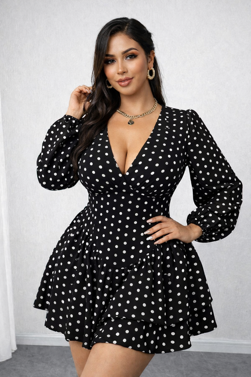 Elegant  Polka Dot V-Neck Ruffle Mini Dress for Women | Long Sleeve Fit & Flare Party Dress