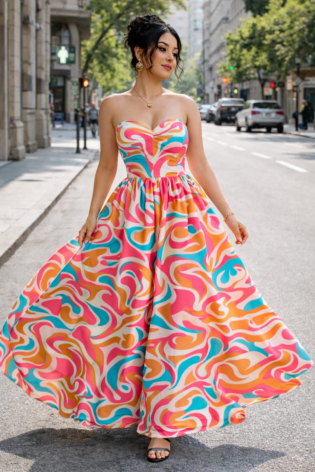 Multicolor Printed Strapless Maxi Dress