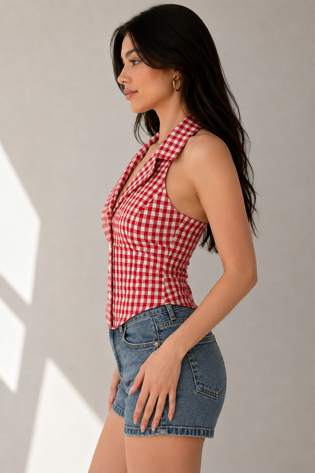 Red & White Gingham Halter Neck Button-Down Top
